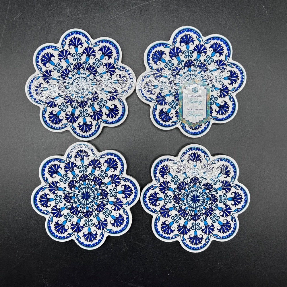 Set Of 4 Turkish Ceramic Coasters Design Made In Turkey Blue White Flower New - Picture 4 of 6